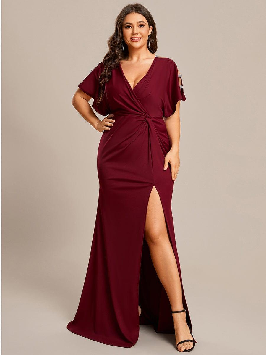Robe de Soirée Haute Fendue à Manches Paillettes de Grande Taille #Couleur_Bordeaux Robe de Soirée Haute Fendue à Manches Paillettes de Grande Taille