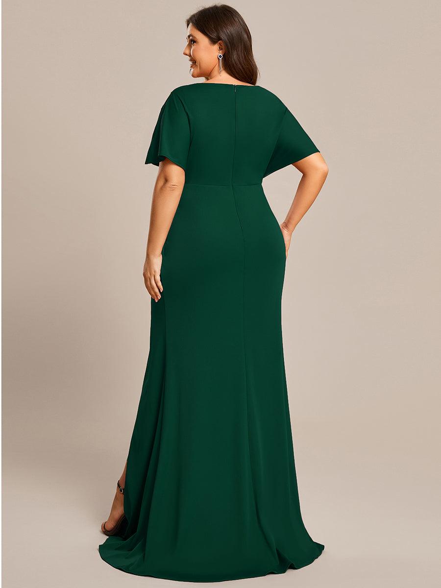 Robe de Soirée Haute Fendue à Manches Paillettes de Grande Taille #Couleur_Vert Fonce