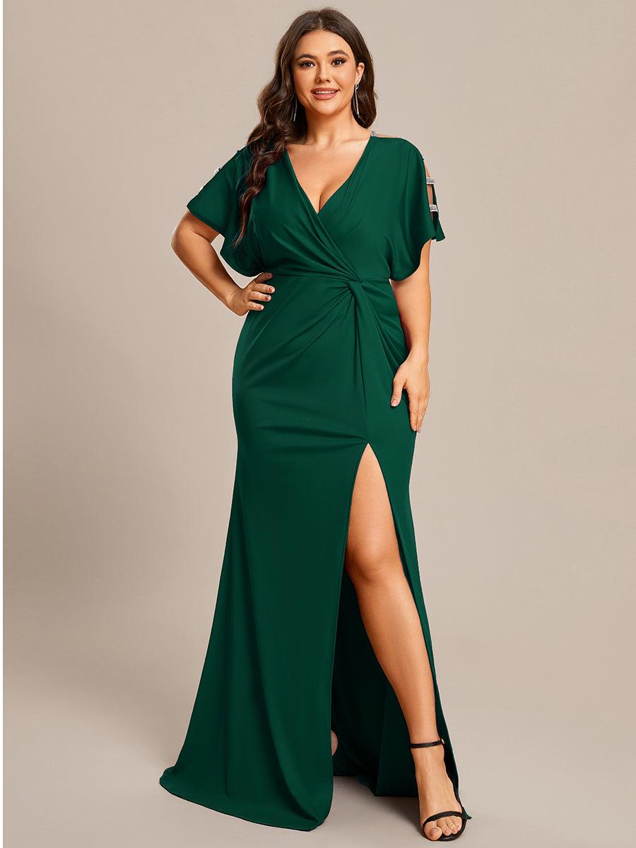 Robe de Soirée Haute Fendue à Manches Paillettes de Grande Taille #Couleur_Vert Fonce