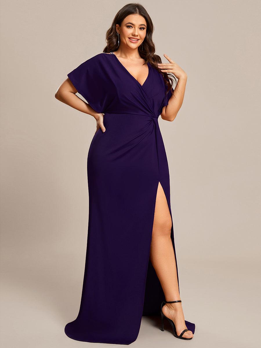 Robe de Soirée Haute Fendue à Manches Paillettes de Grande Taille #Couleur_Violet Fonce