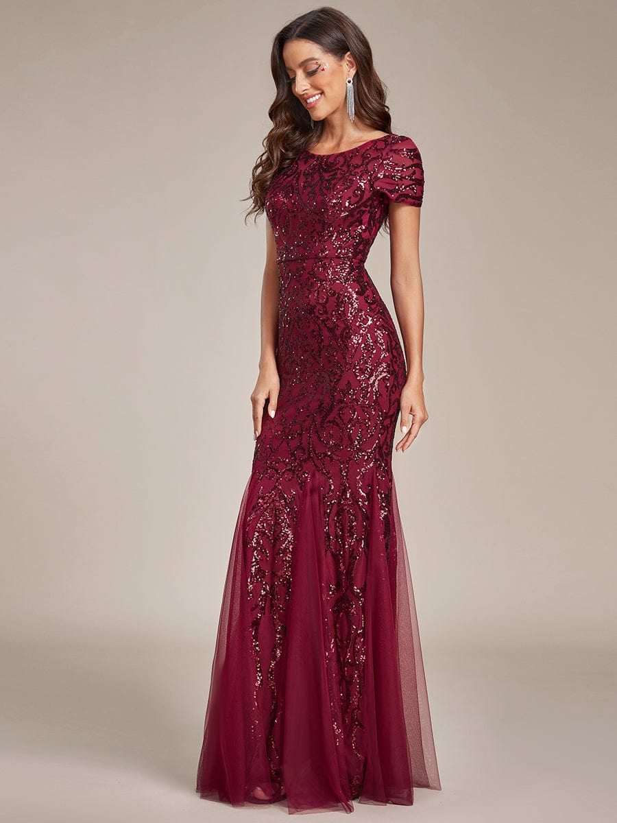 Robe de soirée sirène luxueuse sirène à sequins et encolure ronde #Couleur_Bordeaux Robe de soirée sirène luxueuse sirène à sequins et encolure ronde