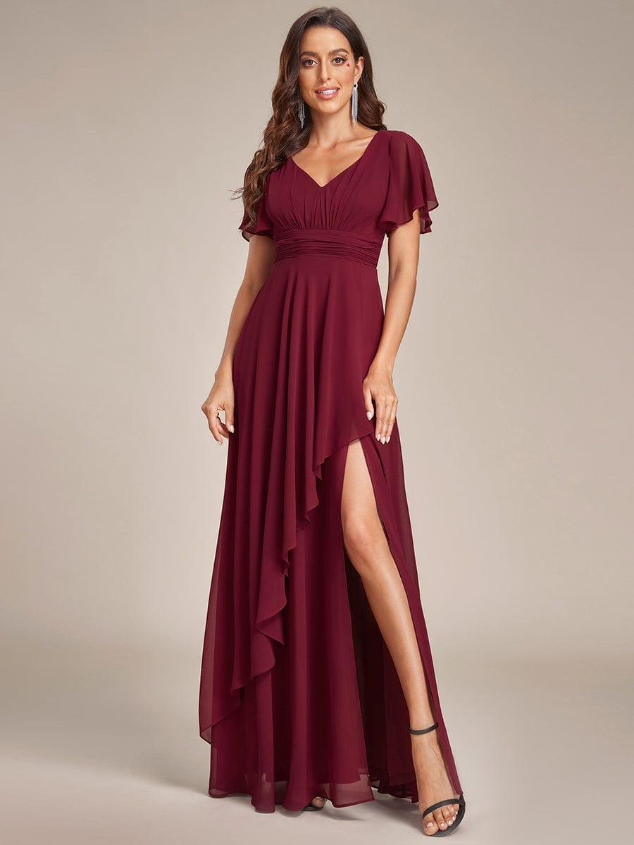 Robe de soirée en mousseline à manches volantées et à volants #Couleur_Rose Robe de soirée en mousseline à manches volantées et à volants