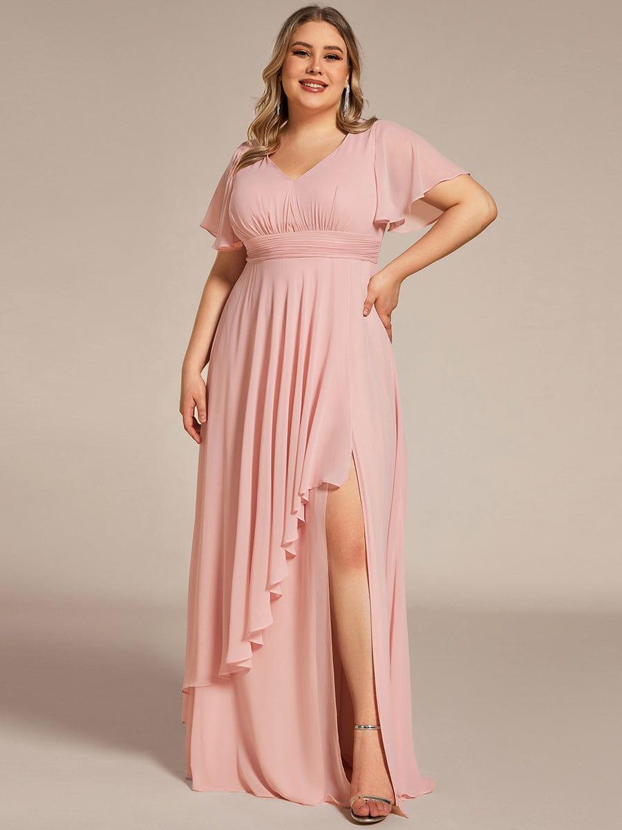 Robe de soirée Grande taille mousseline Manches volantées et à volants #Couleur_Rose
