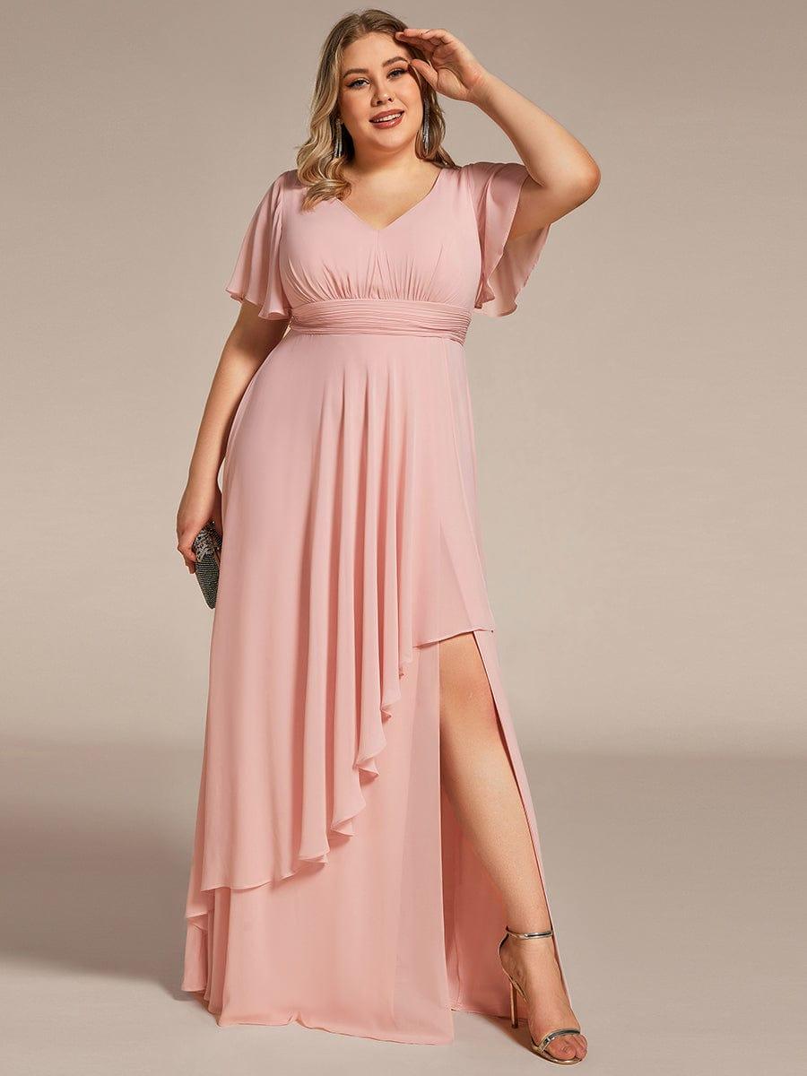 Robe de soirée en mousseline à manches volantées et à volants #Couleur_Rose Robe de soirée en mousseline à manches volantées et à volants