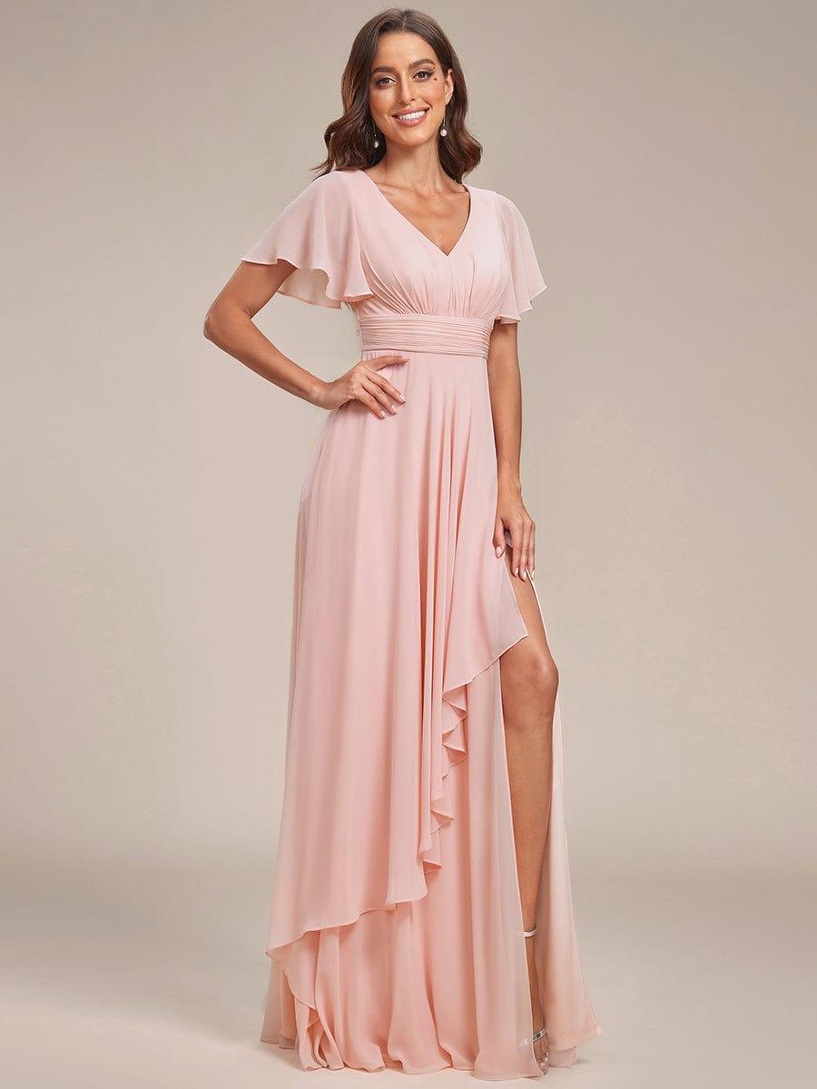 Robe de soirée en mousseline à manches volantées et à volants #Couleur_Rose Robe de soirée en mousseline à manches volantées et à volants