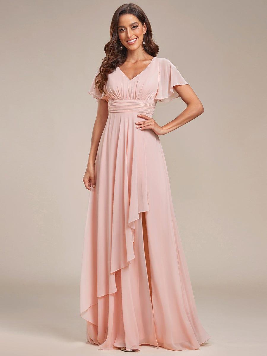 Robe de soirée en mousseline à manches volantées et à volants #Couleur_Rose Robe de soirée en mousseline à manches volantées et à volants