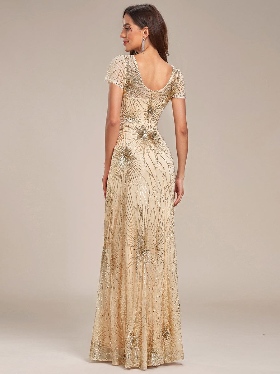 Robe de soirée moulante dos nu à paillettes brodées de feux d'artifice #Couleur_Or Robe de soirée moulante dos nu à paillettes brodées de feux d'artifice