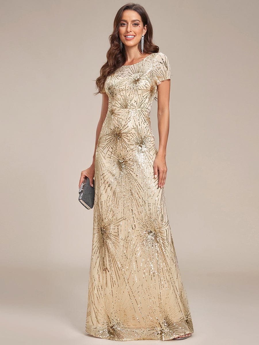 Robe de soirée moulante dos nu à paillettes brodées de feux d'artifice #Couleur_Or Robe de soirée moulante dos nu à paillettes brodées de feux d'artifice