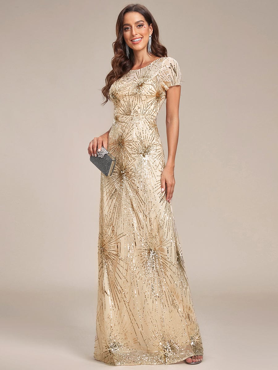 Robe de soirée moulante dos nu à paillettes brodées de feux d'artifice #Couleur_Or Robe de soirée moulante dos nu à paillettes brodées de feux d'artifice