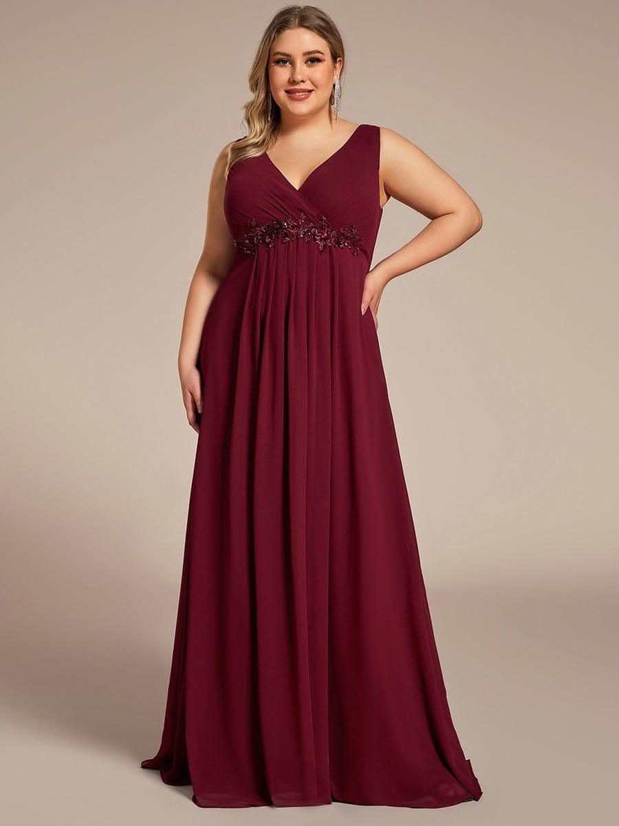 Robe de soirée longue sans manches en mousseline à appliqué floral #Couleur_Bordeaux
