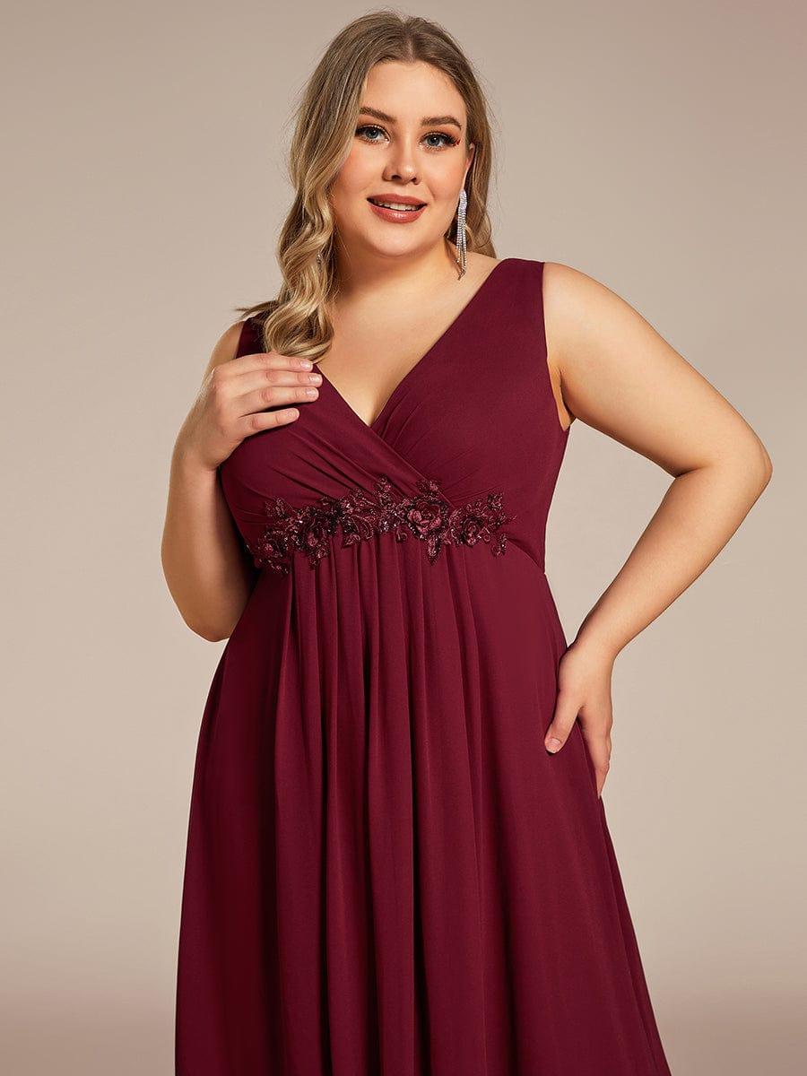 Robe de soirée longue sans manches en mousseline à appliqué floral #Couleur_Bordeaux