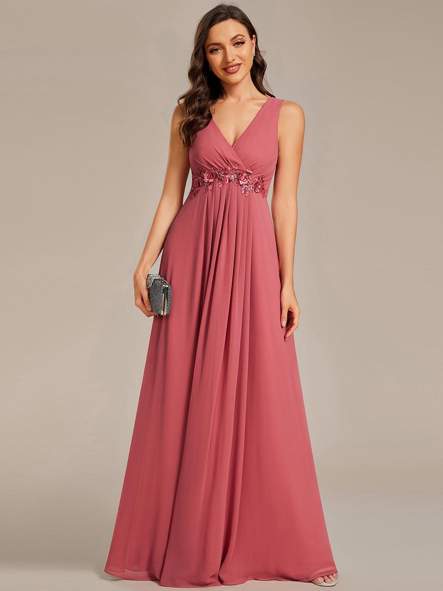 Robe de soirée longue sans manches en mousseline à appliqué floral #Couleur_Rose corail