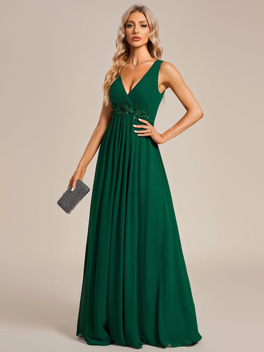 Robe de soirée longue sans manches en mousseline à appliqué floral #Couleur_Vert Fonce