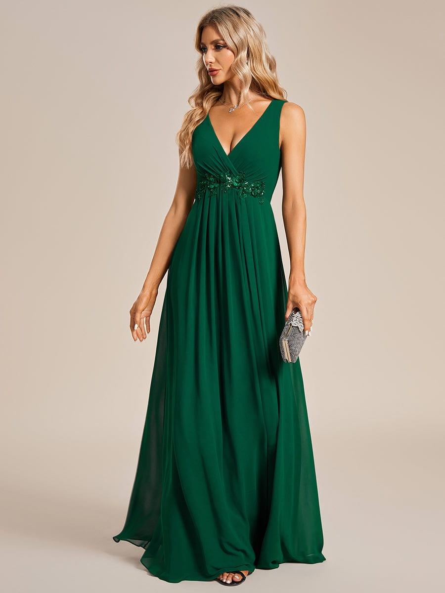 Robe de soirée longue sans manches en mousseline à appliqué floral #Couleur_Vert Fonce