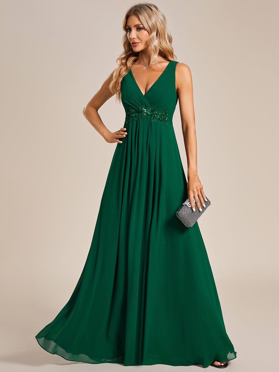 Robe de soirée longue sans manches en mousseline à appliqué floral #Couleur_Vert Fonce