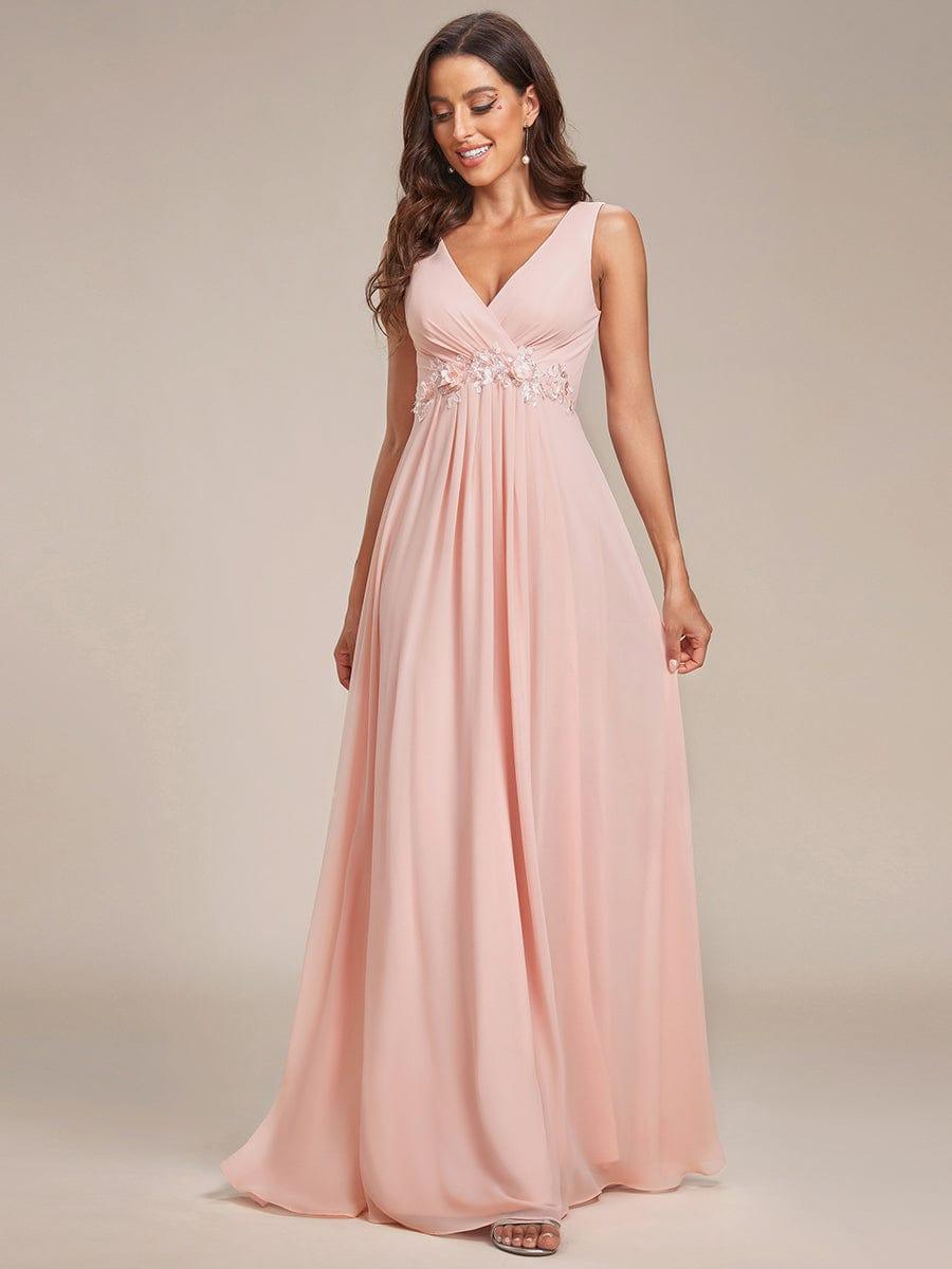 Robe de soirée longue sans manches en mousseline à appliqué floral #Couleur_Rose