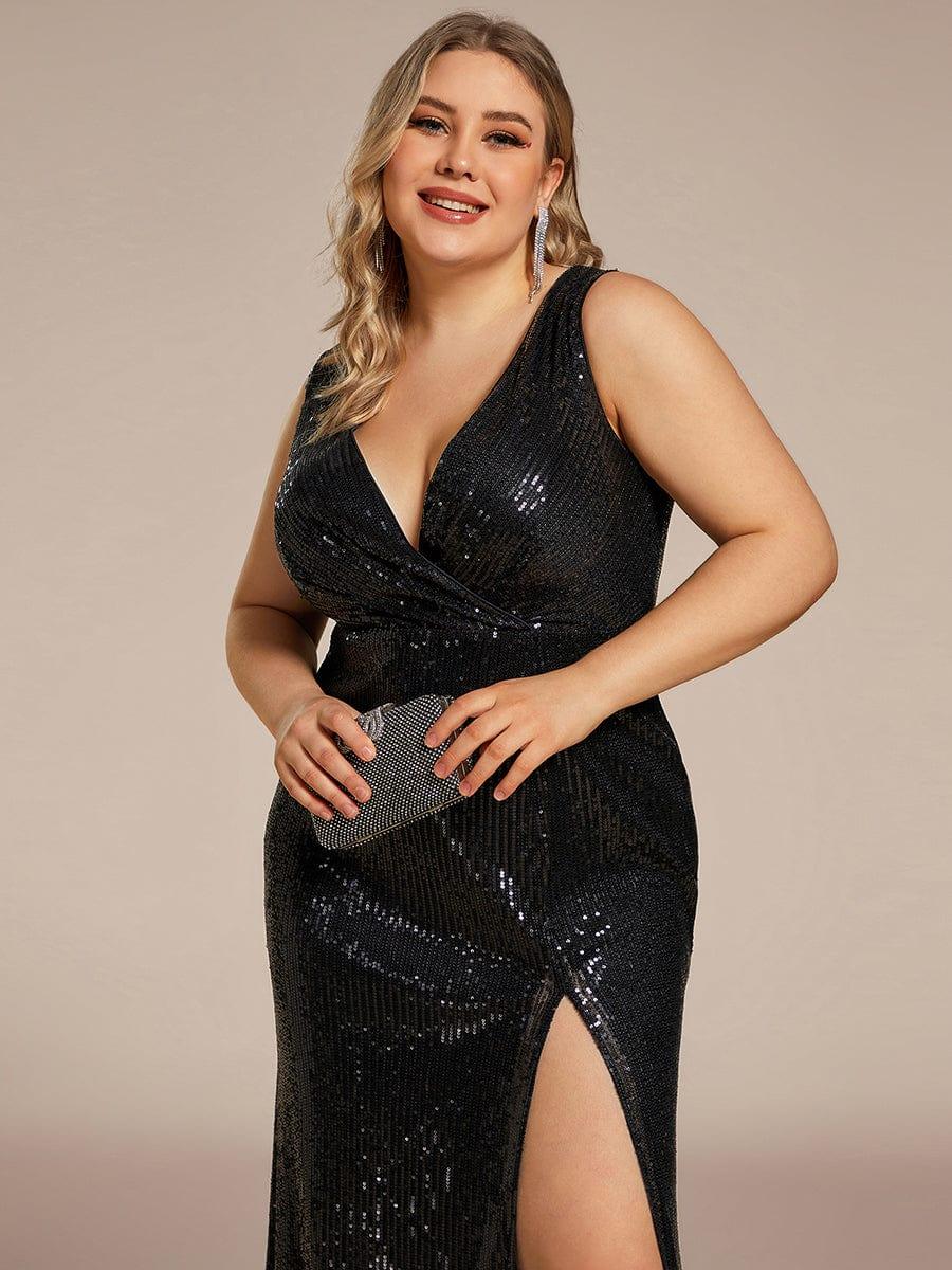 Robe de soirée à col en V profond à sequins scintillante de grande taille #Couleur_Noir Robe de soirée à col en V profond à sequins scintillante de grande taille