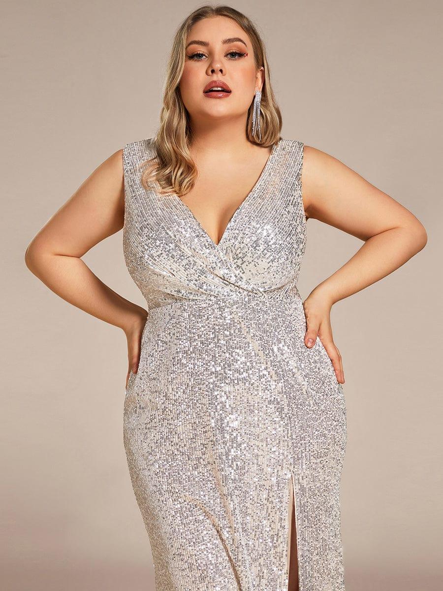 Robe de soirée à col en V profond à sequins scintillante de grande taille #Couleur_Noir Robe de soirée à col en V profond à sequins scintillante de grande taille