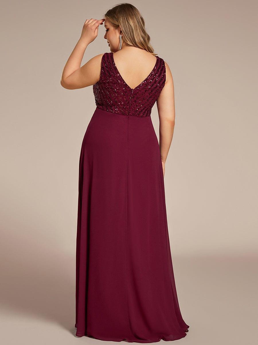 Sequin Sleeveless Double V-Neck Formal Evening Dress #Couleur_Bordeaux Robe de soirée formelle à sequins sans manches à double col en V