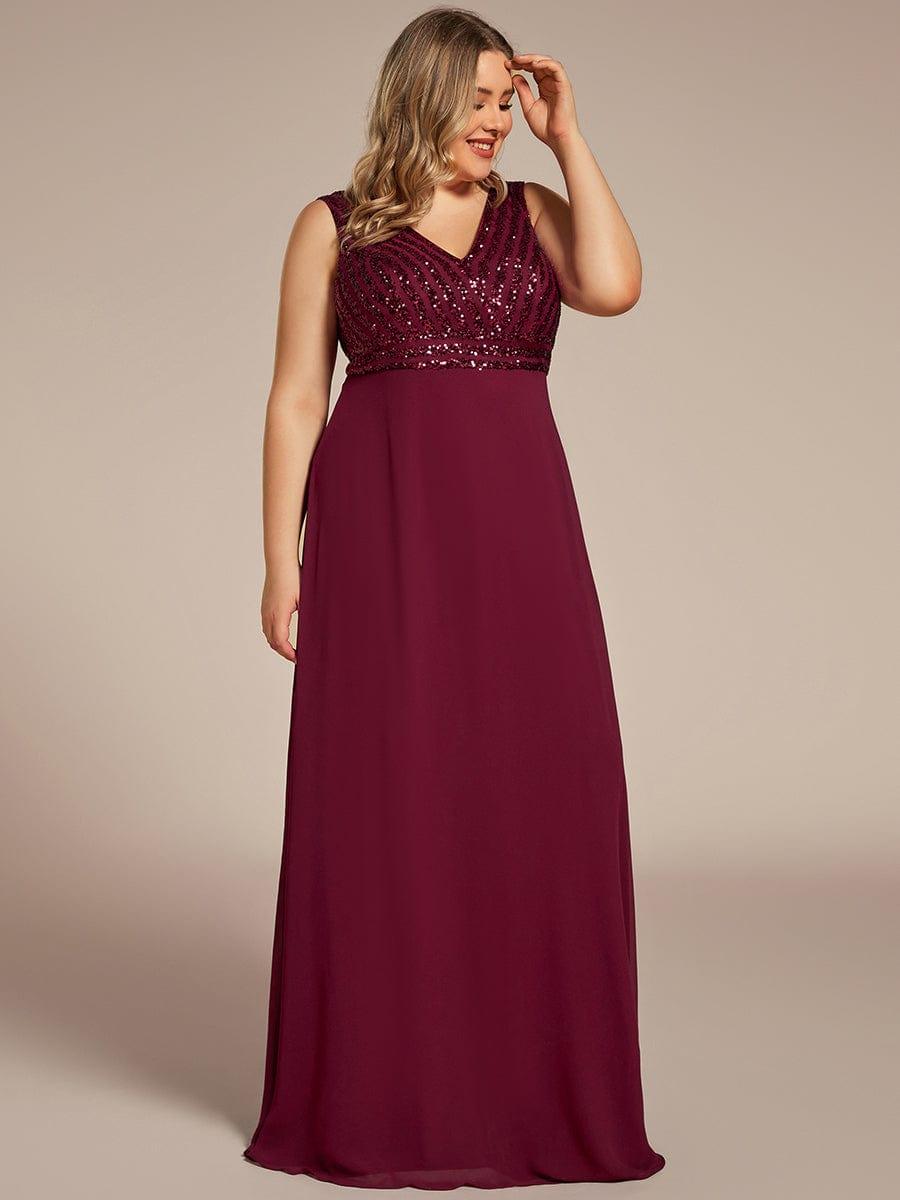 Robe de Soirée Formelle Grande Taille à Paillettes Sans Manches Double Col en V #Couleur_Bordeaux