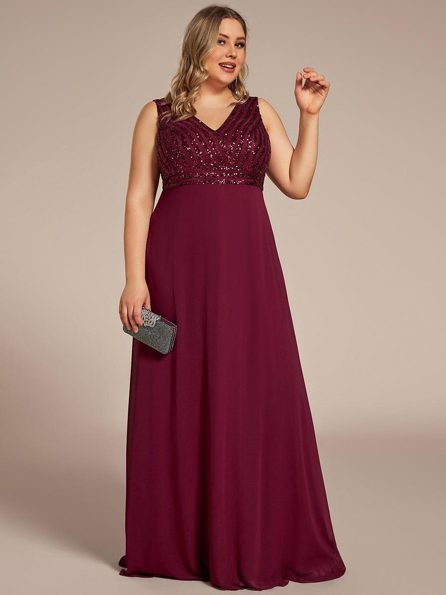 Robe de Soirée Formelle Grande Taille à Paillettes Sans Manches Double Col en V #Couleur_Bordeaux