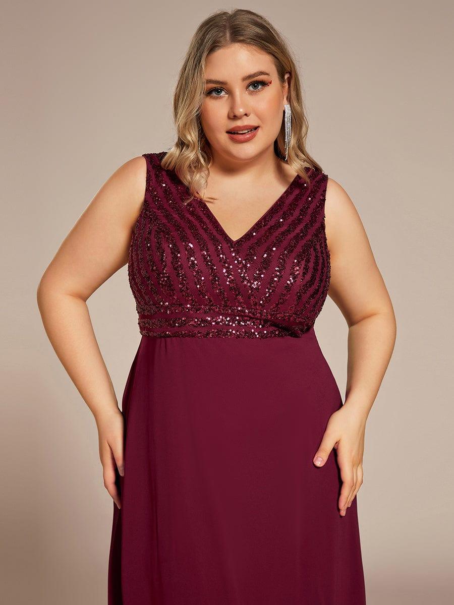 Robe de Soirée Formelle Grande Taille à Paillettes Sans Manches Double Col en V #Couleur_Bordeaux