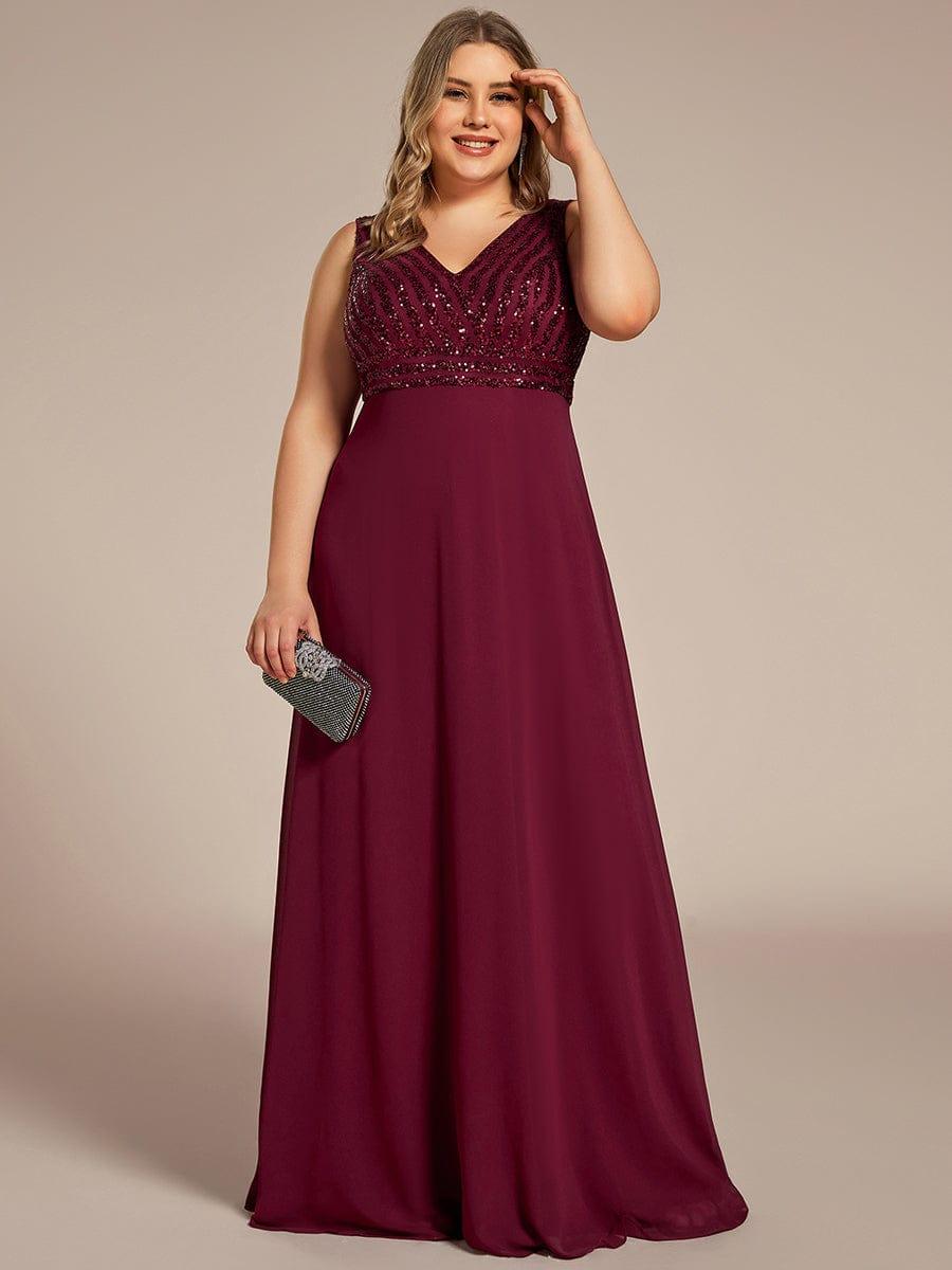 Robe de Soirée Formelle Grande Taille à Paillettes Sans Manches Double Col en V #Couleur_Bordeaux