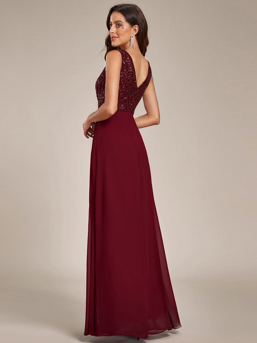 Sequin Sleeveless Double V-Neck Formal Evening Dress #Couleur_Bordeaux