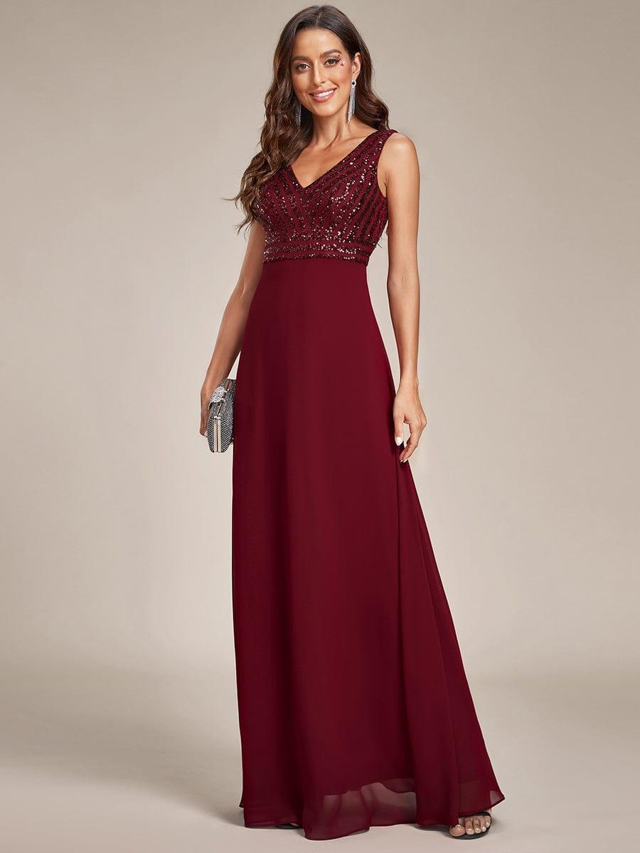 Sequin Sleeveless Double V-Neck Formal Evening Dress #Couleur_Bordeaux Robe de soirée formelle à sequins sans manches à double col en V