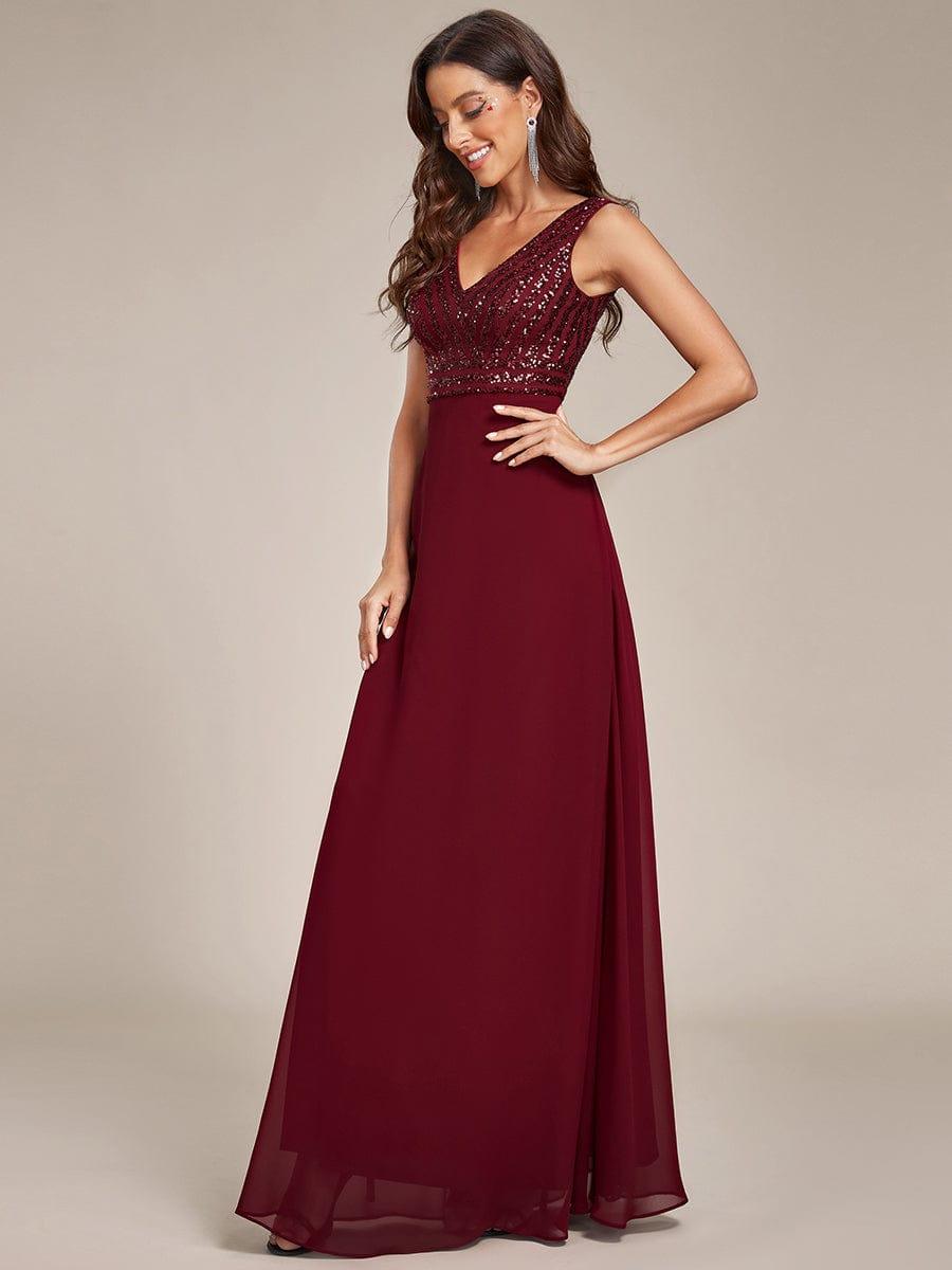 Sequin Sleeveless Double V-Neck Formal Evening Dress #Couleur_Bordeaux Robe de soirée formelle à sequins sans manches à double col en V