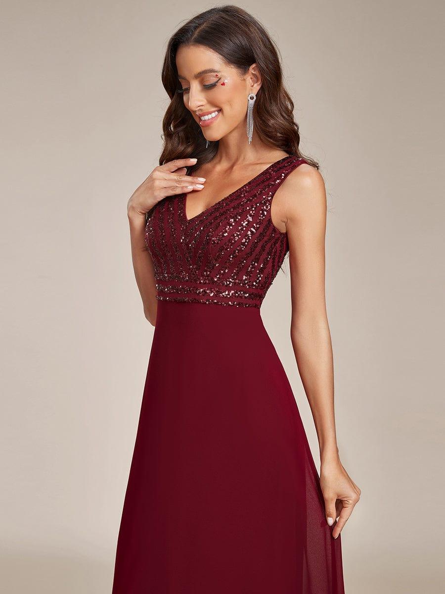 Sequin Sleeveless Double V-Neck Formal Evening Dress #Couleur_Bordeaux Robe de soirée formelle à sequins sans manches à double col en V