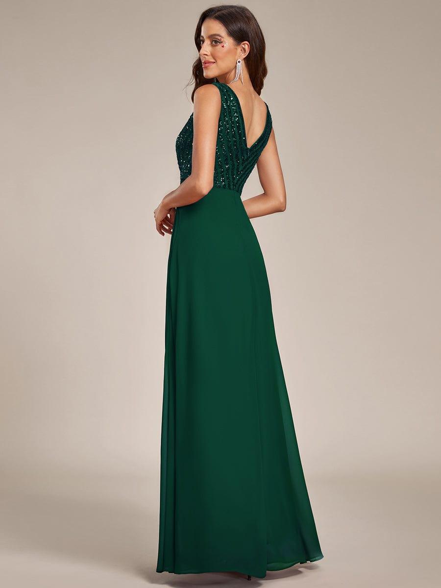 Sequin Sleeveless Double V-Neck Formal Evening Dress #Couleur_Bordeaux Robe de soirée formelle à sequins sans manches à double col en V