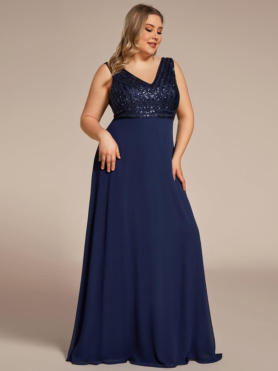 Robe de Soirée Formelle Grande Taille à Paillettes Sans Manches Double Col en V #Couleur_Bleu Marine