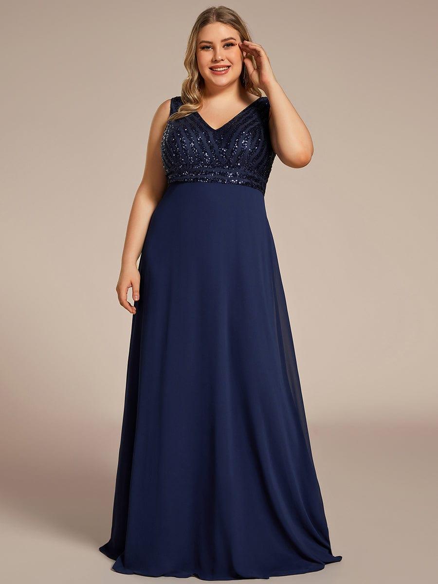 Robe de Soirée Formelle Grande Taille à Paillettes Sans Manches Double Col en V #Couleur_Bleu Marine