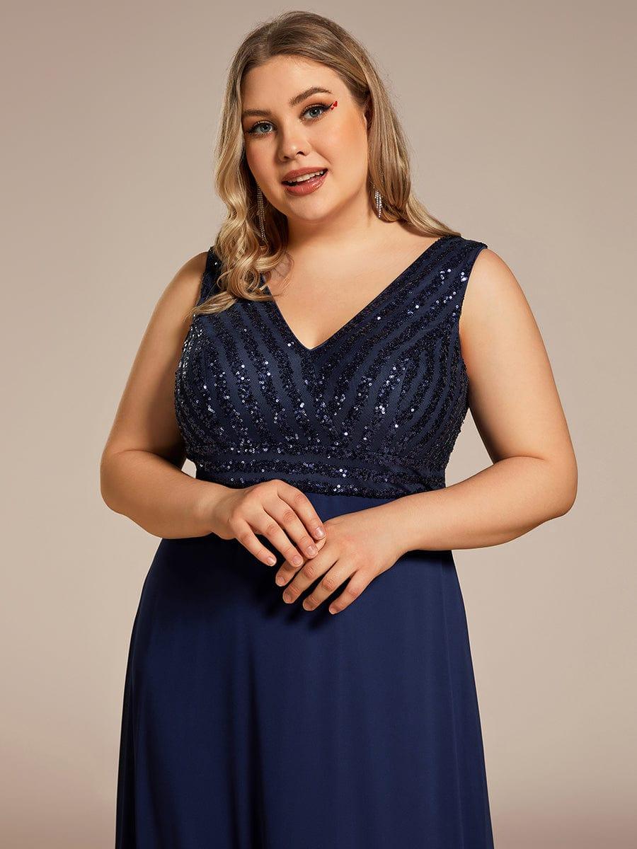 Robe de Soirée Formelle Grande Taille à Paillettes Sans Manches Double Col en V #Couleur_Bleu Marine