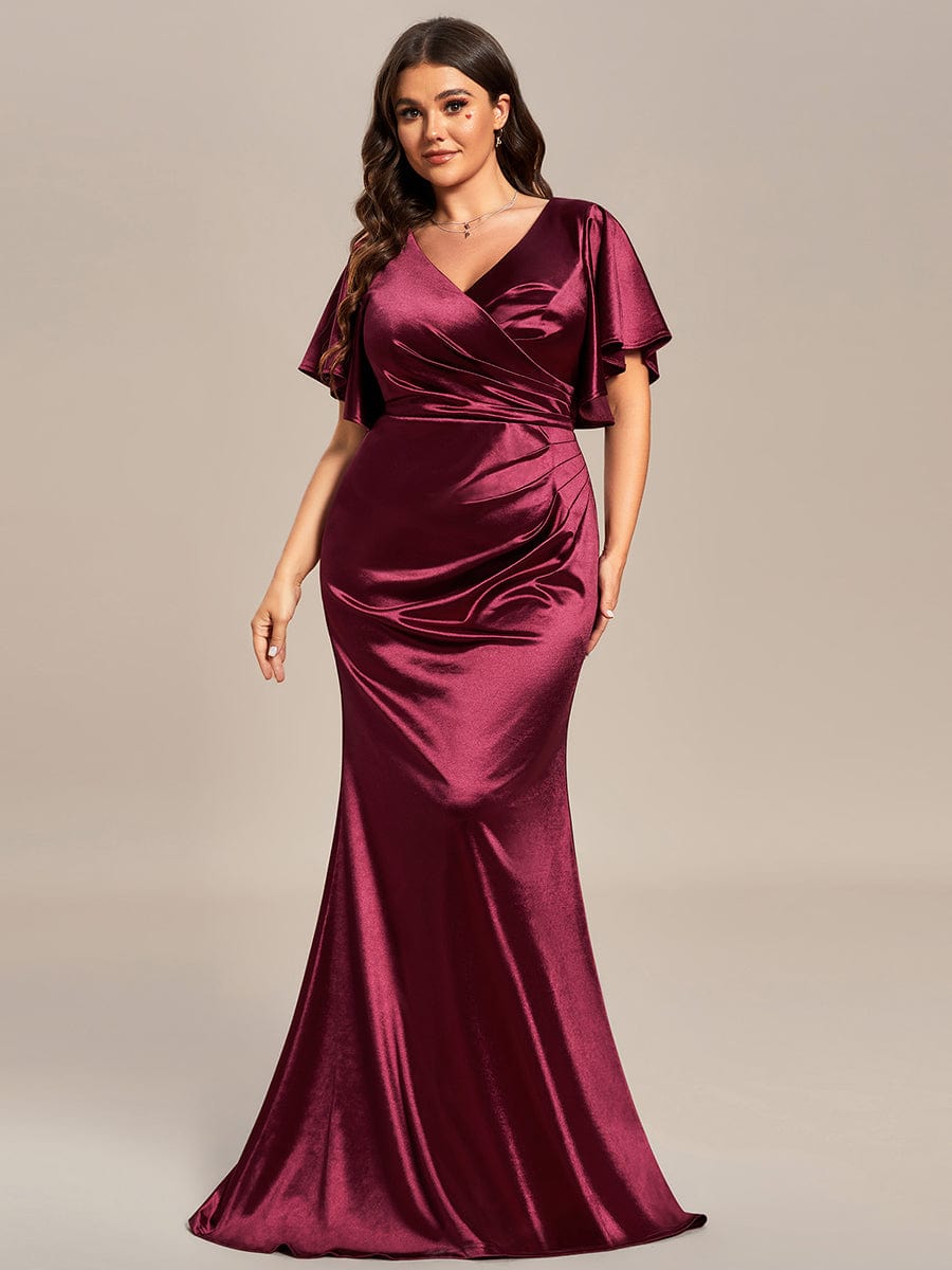 Robe de soirée plissée moulante à volants de grande taille en satin extensible #Couleur_Bordeaux Robe de soirée plissée moulante à volants de grande taille en satin extensible