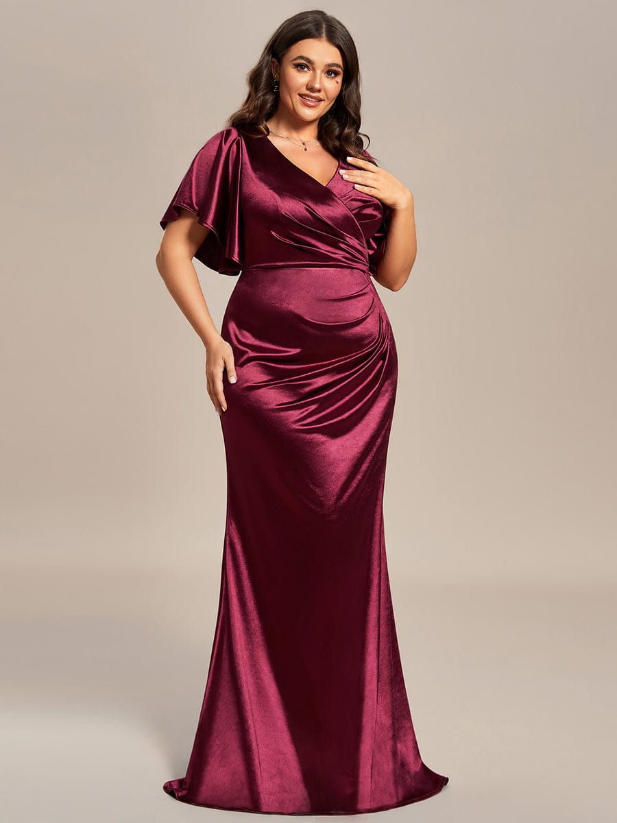Robe de soirée plissée moulante à volants de grande taille en satin extensible #Couleur_Bordeaux Robe de soirée plissée moulante à volants de grande taille en satin extensible