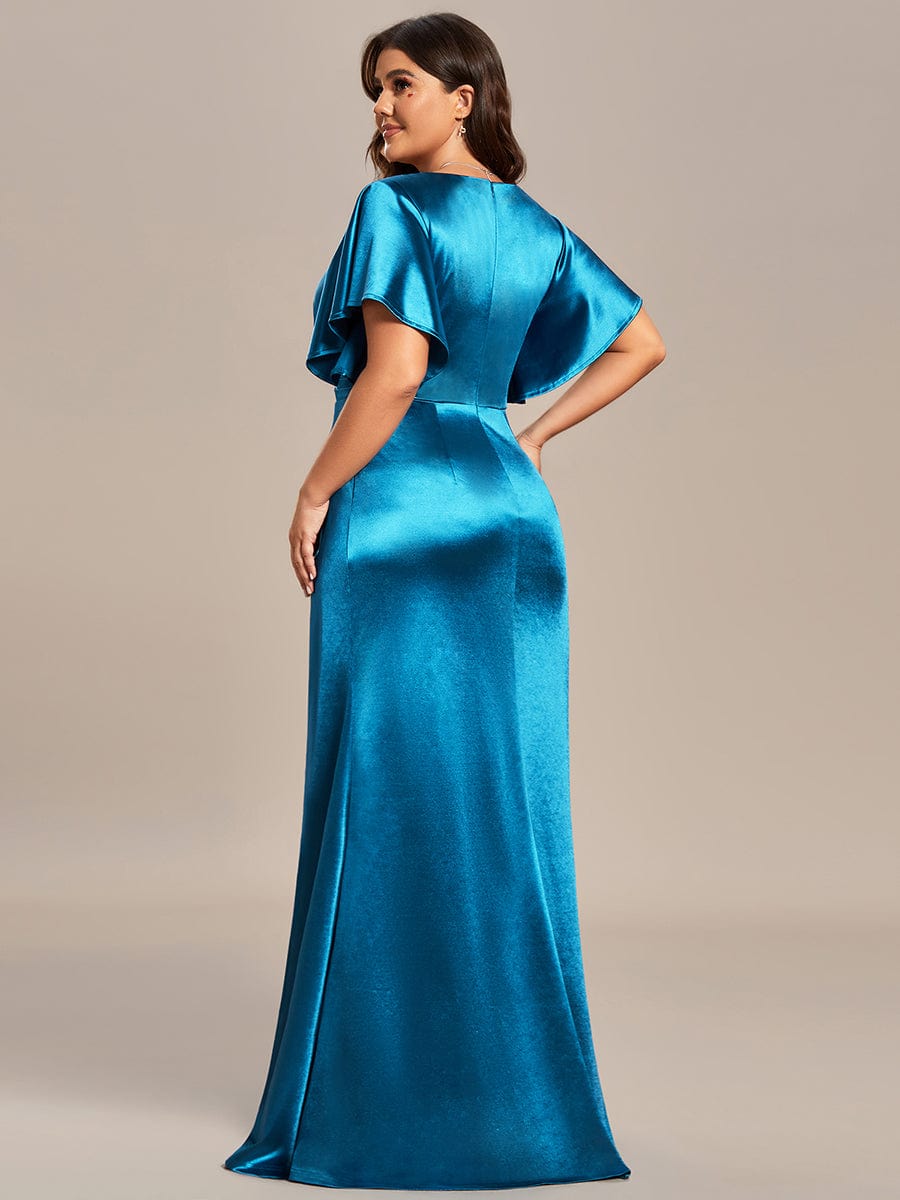 Robe de soirée plissée moulante à volants de grande taille en satin extensible #Couleur_Bordeaux Robe de soirée plissée moulante à volants de grande taille en satin extensible