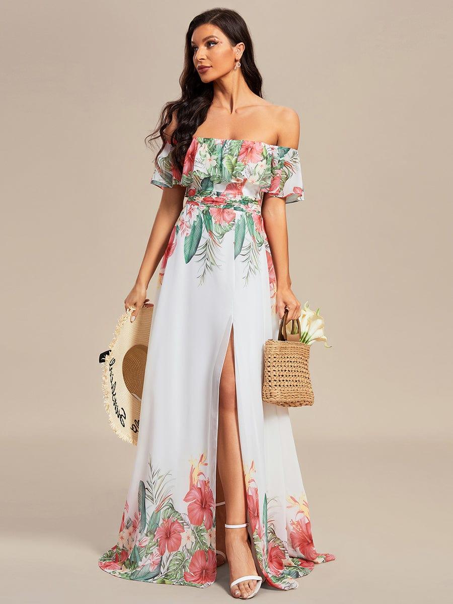 Robe de Soirée trapèze mousseline imprimée d'été à épaules dénudées #Couleur_Blanc Rouge Robe de Soirée trapèze mousseline imprimée d'été à épaules dénudées
