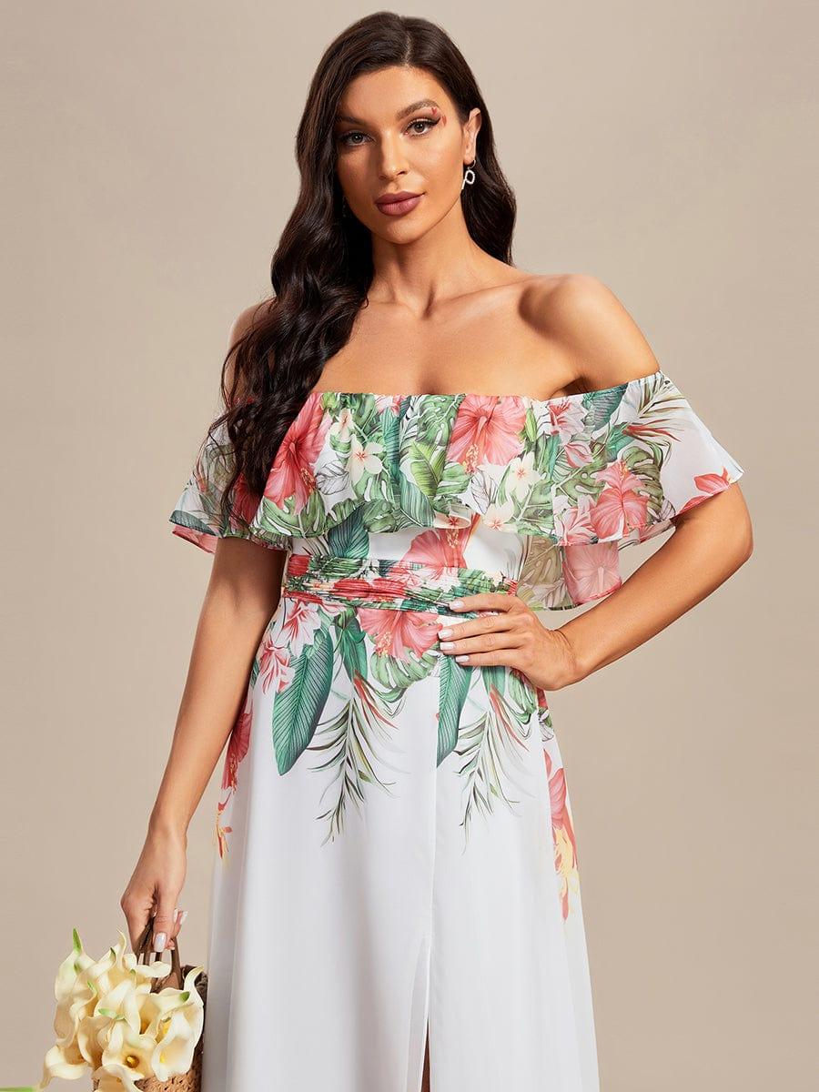 Robe de Soirée trapèze mousseline imprimée d'été à épaules dénudées #Couleur_Blanc Rouge Robe de Soirée trapèze mousseline imprimée d'été à épaules dénudées