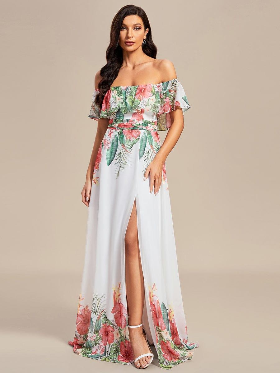 Robe de Soirée trapèze mousseline imprimée d'été à épaules dénudées #Couleur_Blanc Rouge Robe de Soirée trapèze mousseline imprimée d'été à épaules dénudées