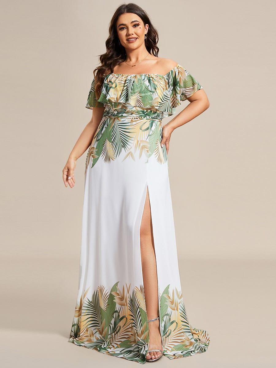 Robe de soirée imprimée taille élastique à épaules dénudées d'été grande taille #Couleur_Blanc Vert Robe de soirée imprimée taille élastique à épaules dénudées d'été grande taille
