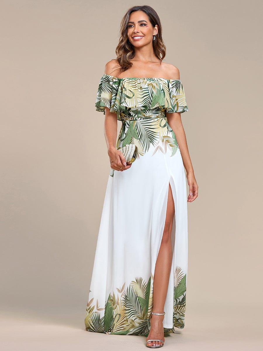 Robe de Soirée trapèze mousseline imprimée d'été à épaules dénudées #Couleur_Blanc Rouge Robe de Soirée trapèze mousseline imprimée d'été à épaules dénudées