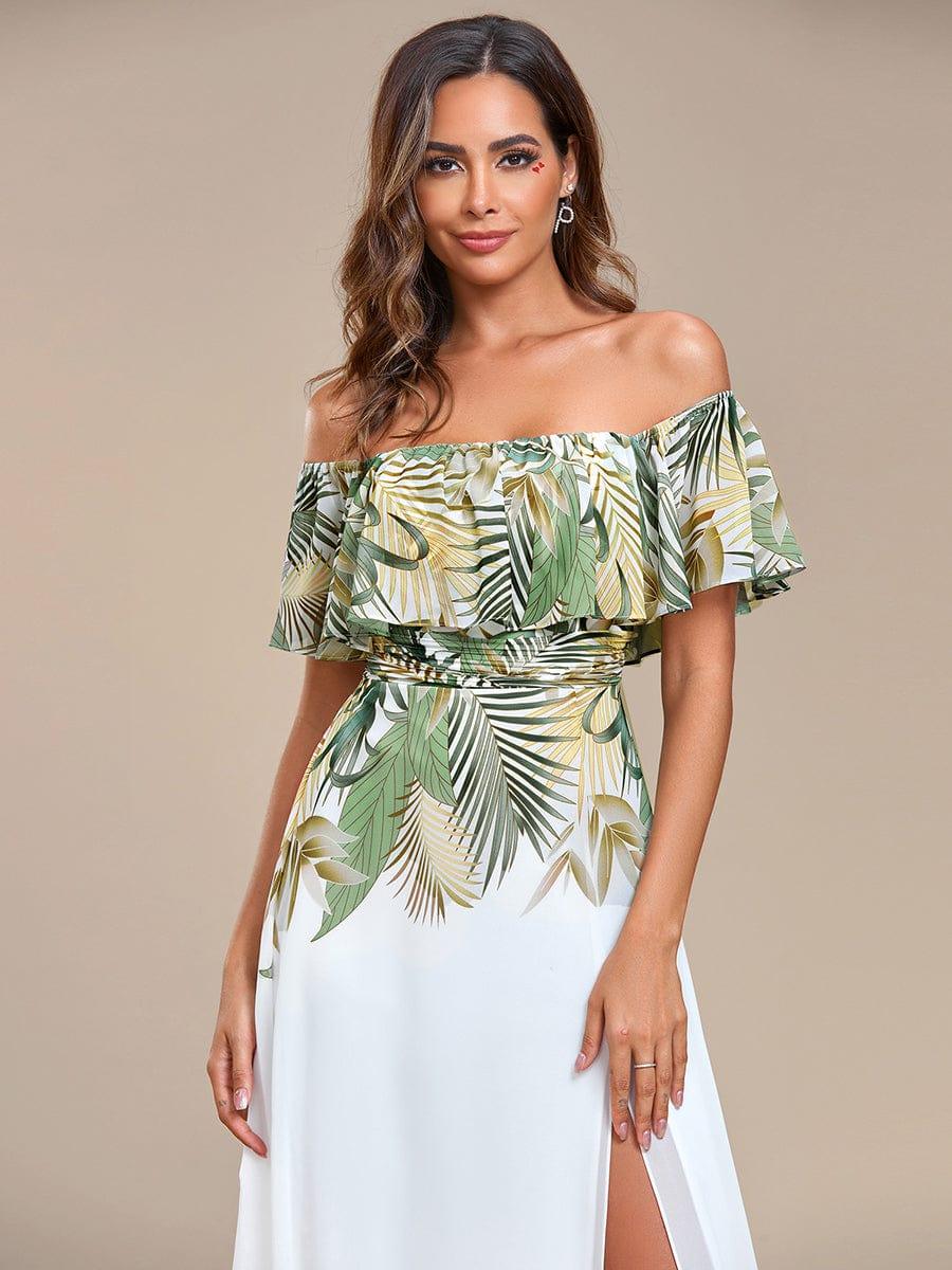 Robe de Soirée trapèze mousseline imprimée d'été à épaules dénudées #Couleur_Blanc Rouge Robe de Soirée trapèze mousseline imprimée d'été à épaules dénudées