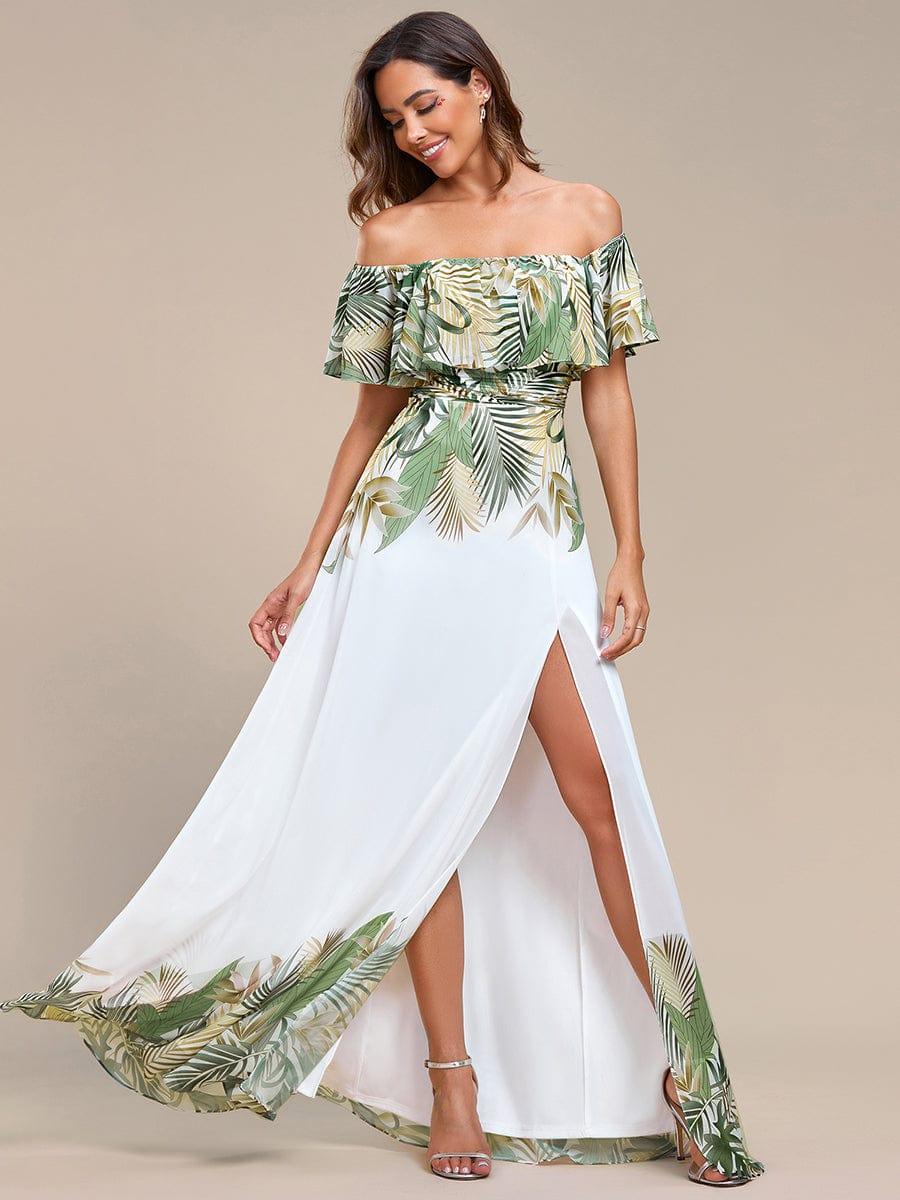 Robe de Soirée trapèze mousseline imprimée d'été à épaules dénudées #Couleur_Blanc Rouge Robe de Soirée trapèze mousseline imprimée d'été à épaules dénudées