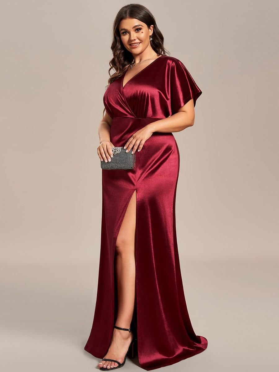 Robe de Soirée Satin Manches Chauve-Souris Fendue de Grande Taille #Couleur_Bleu Marine Robe de Soirée Satin Manches Chauve-Souris Fendue de Grande Taille