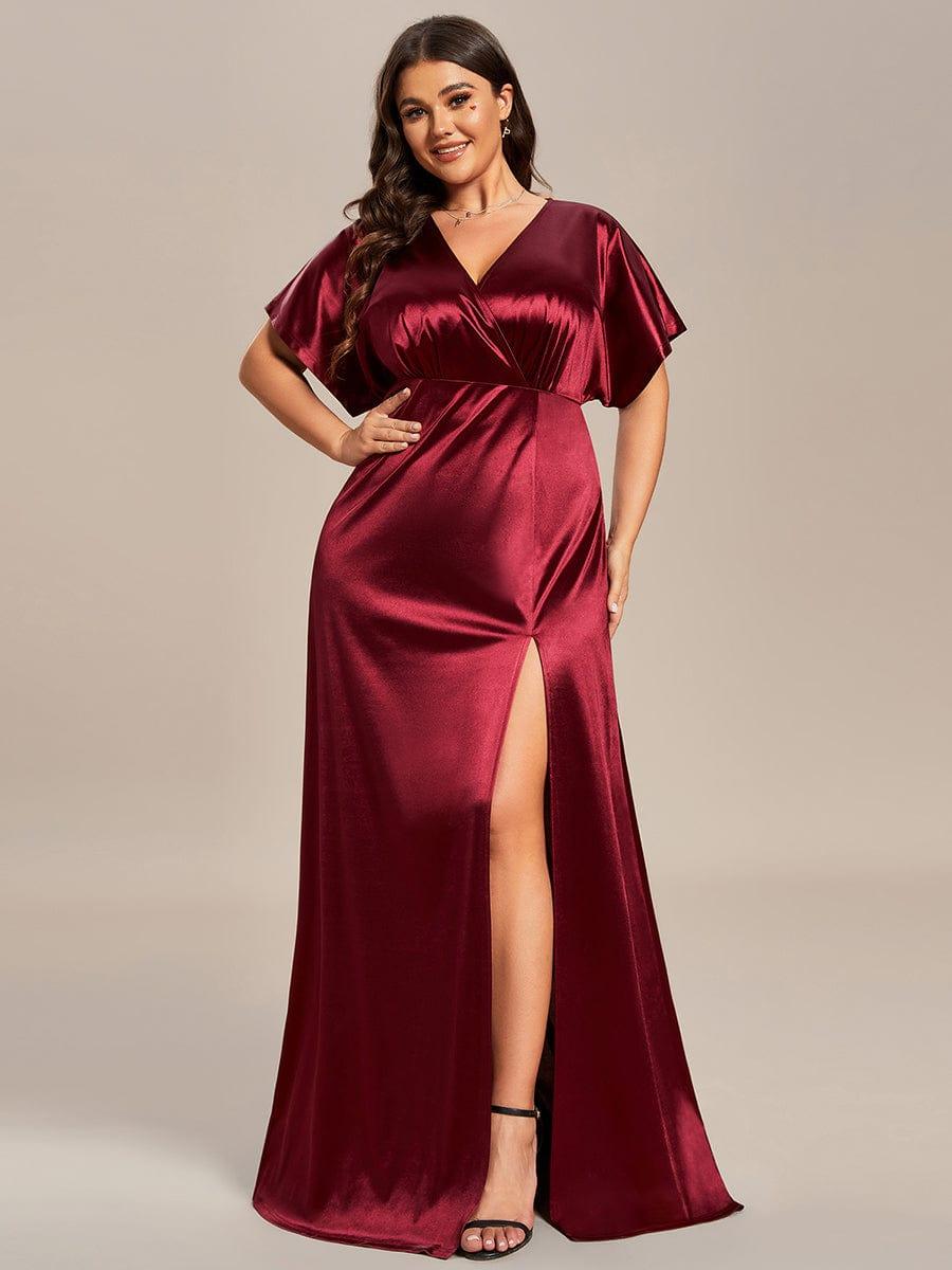 Robe de Soirée Satin Manches Chauve-Souris Fendue de Grande Taille #Couleur_Bleu Marine Robe de Soirée Satin Manches Chauve-Souris Fendue de Grande Taille