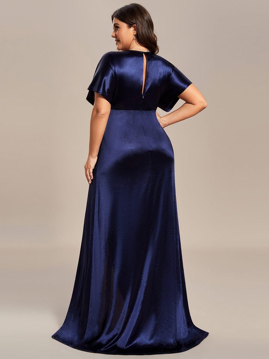 Robe de Soirée Satin Manches Chauve-Souris Fendue de Grande Taille #Couleur_Bleu Marine Robe de Soirée Satin Manches Chauve-Souris Fendue de Grande Taille