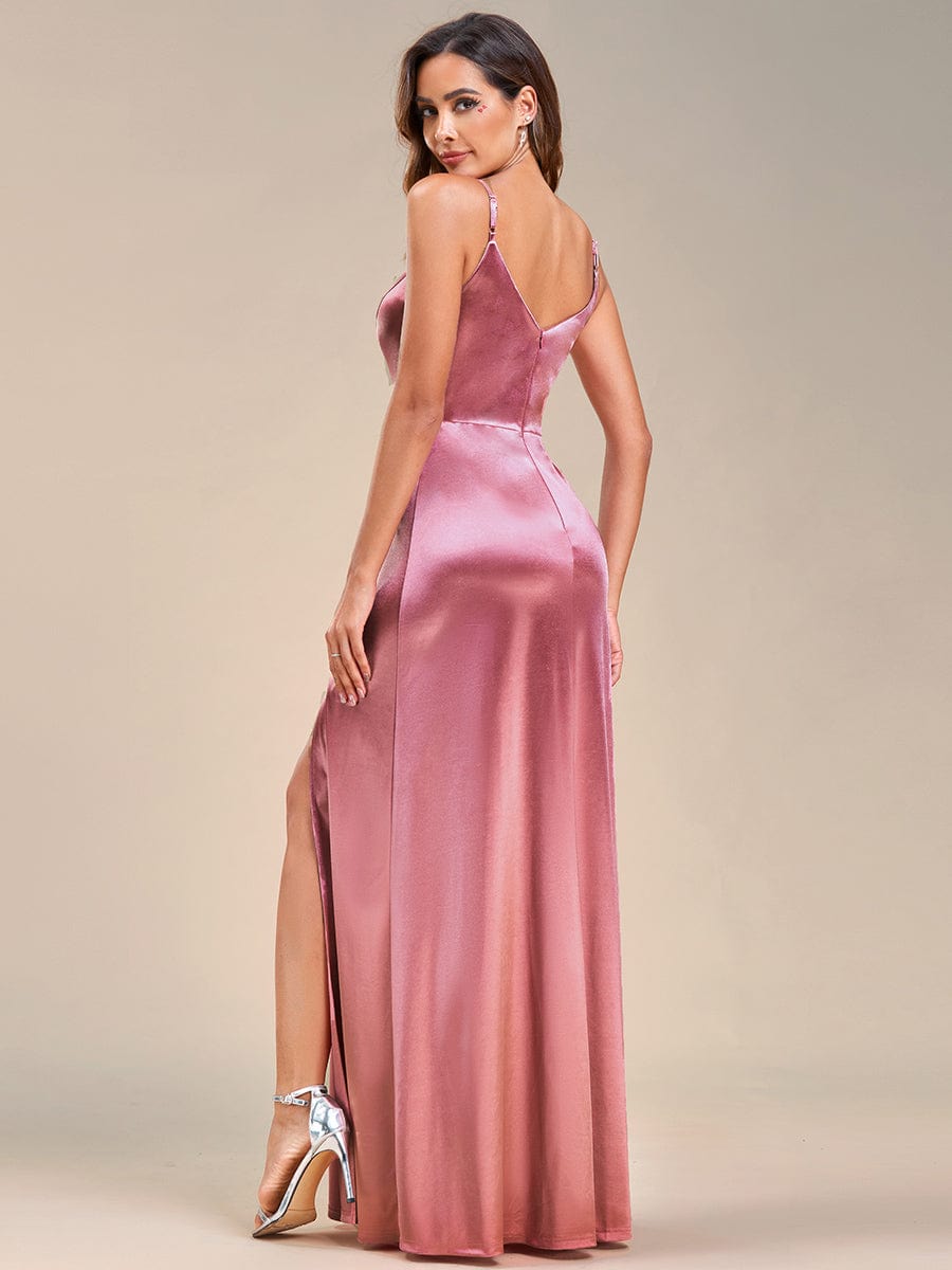 Robe de soirée Bretelles fines col en V sans manches en satin fendue sur le côté #Couleur_Bleu Marine Robe de soirée Bretelles fines col en V sans manches en satin fendue sur le côté