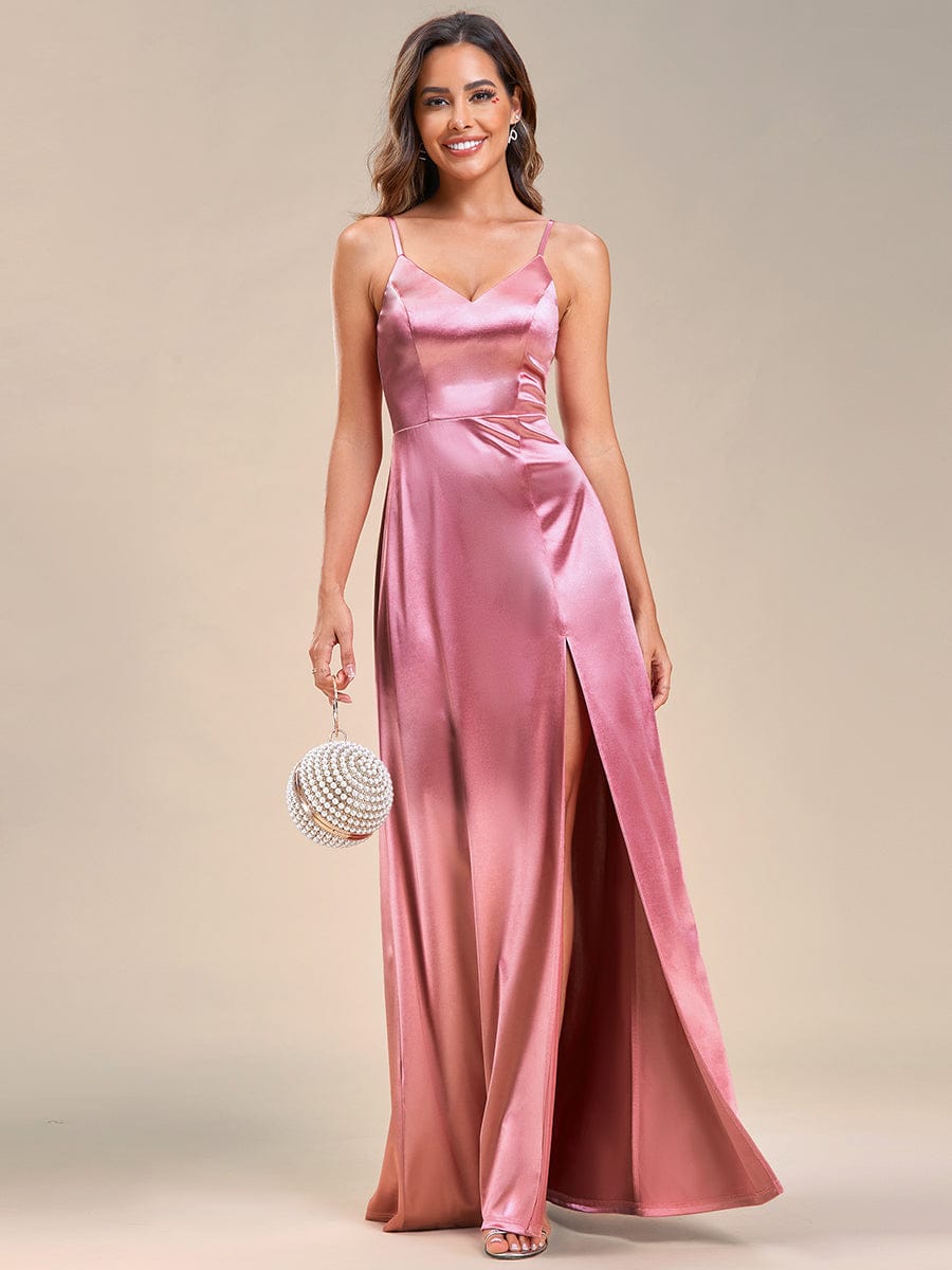 Robe de soirée Bretelles fines col en V sans manches en satin fendue sur le côté #Couleur_Bleu Marine Robe de soirée Bretelles fines col en V sans manches en satin fendue sur le côté